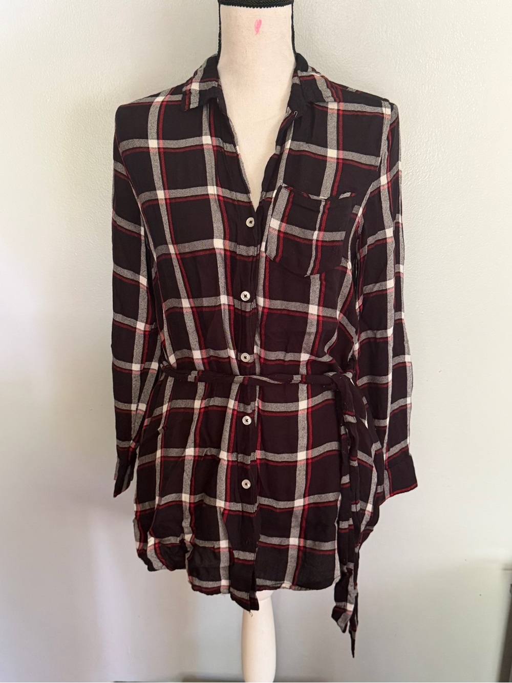 Blue Rain Black, Red and White Plaid Long-Sleeve Shirt Dress